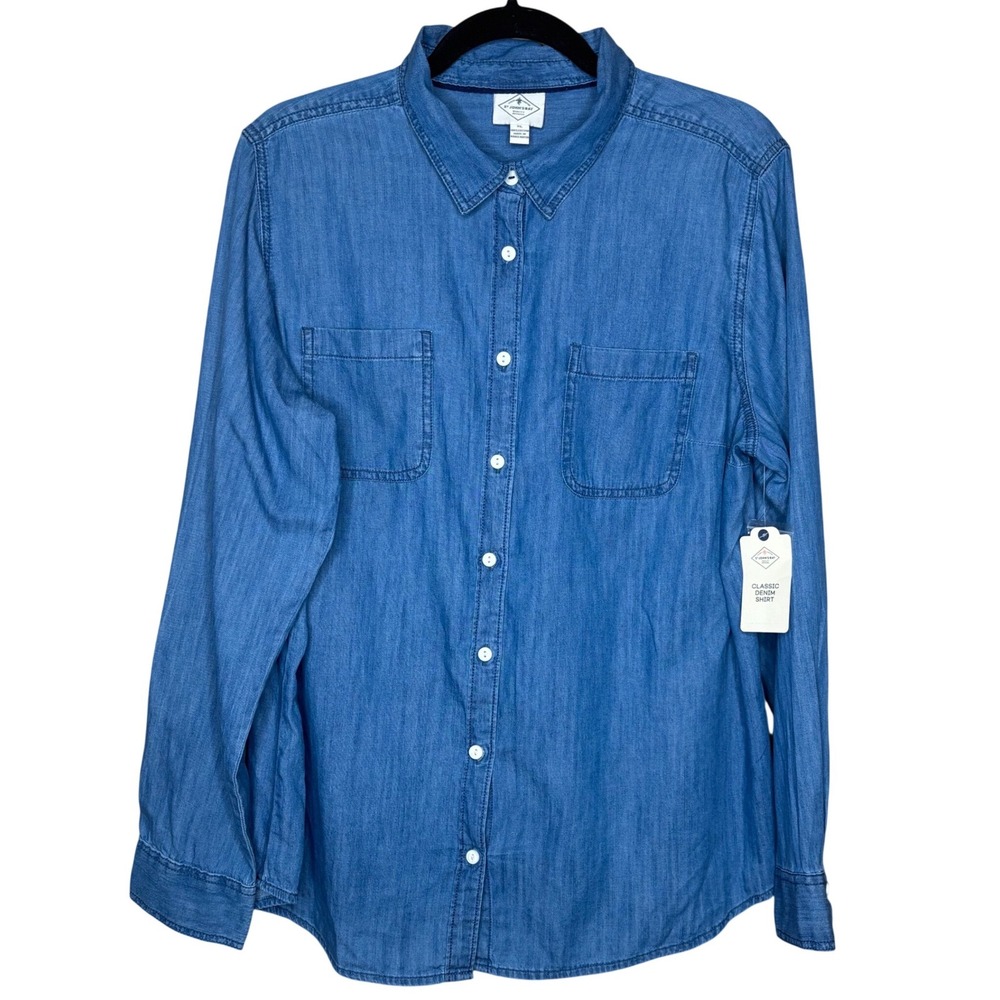 NEW St Johns Bay Womens XL Classic Denim Shirt Long Sleeve Button Down